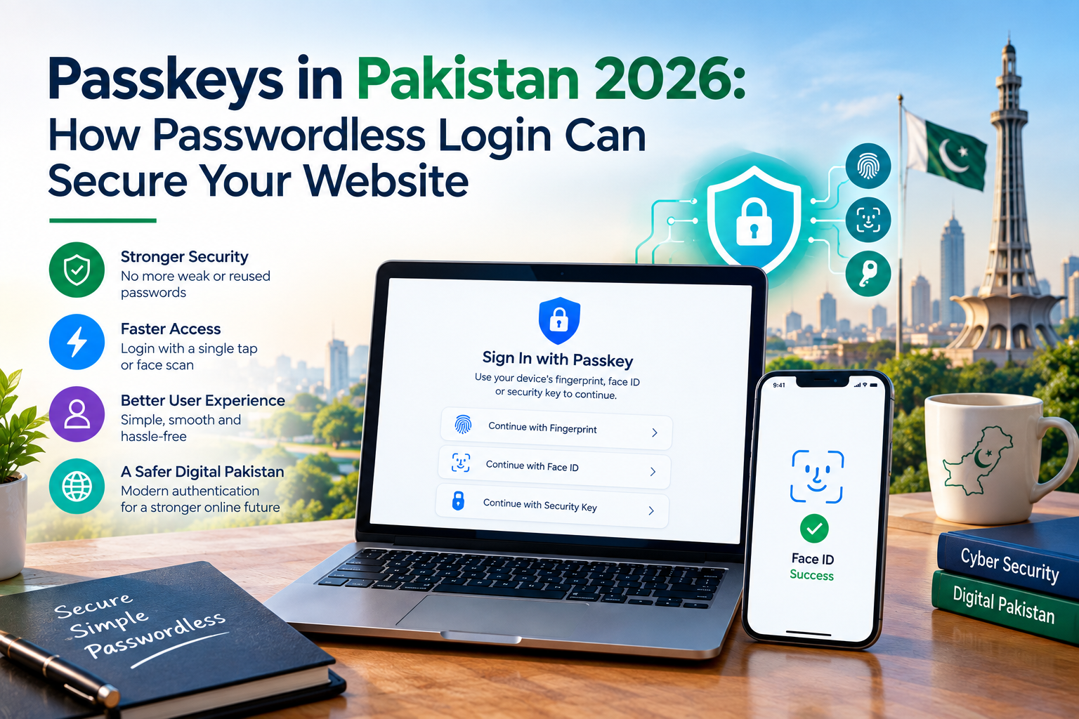 Passkeys in Pakistan 2026 showing passwordless login, biometric authentication, and website security